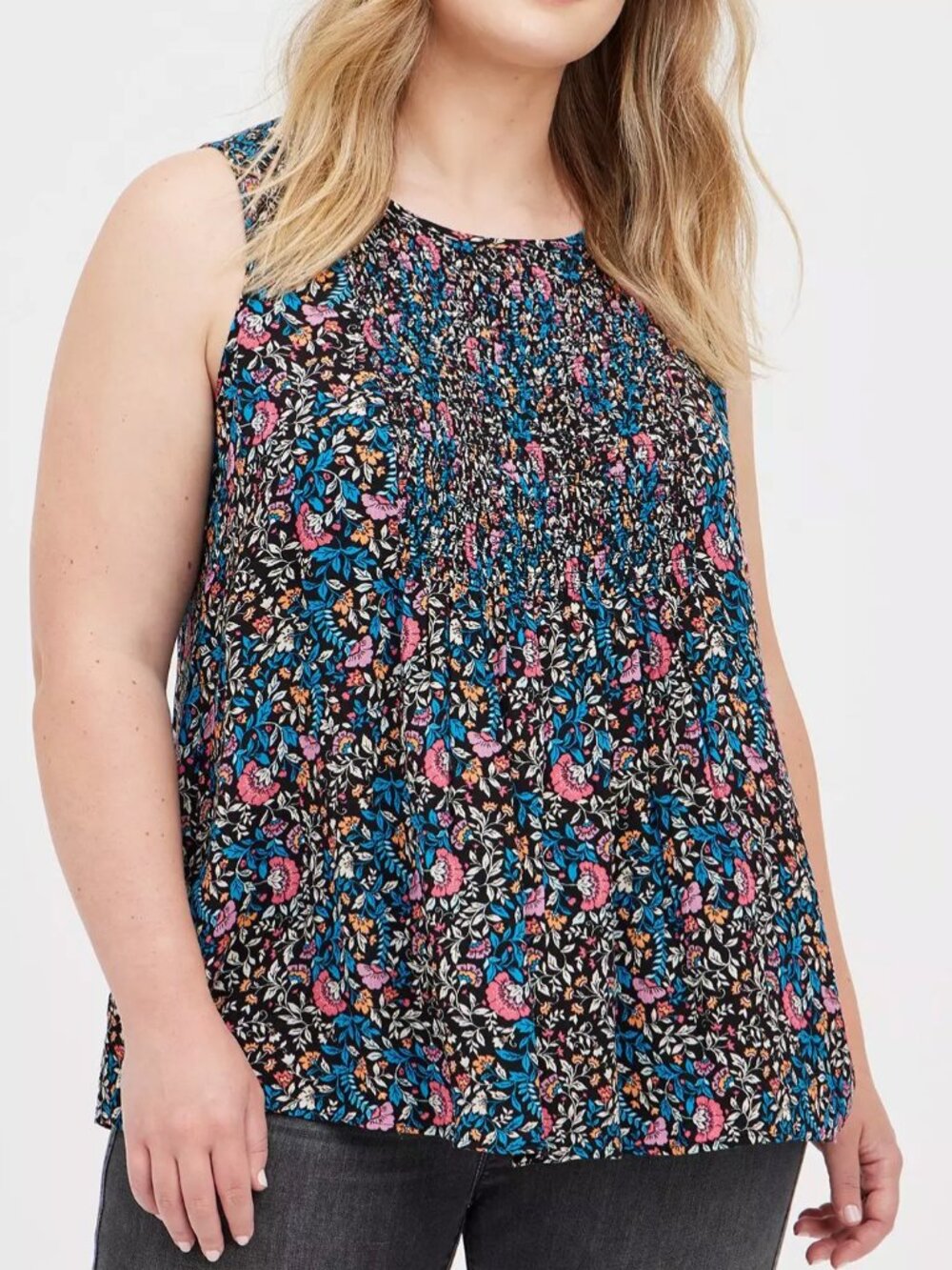NEW NWT TORRID 2 Plus Size Crinkle Gauze Smocked Tank Black Blue Pink Floral Top